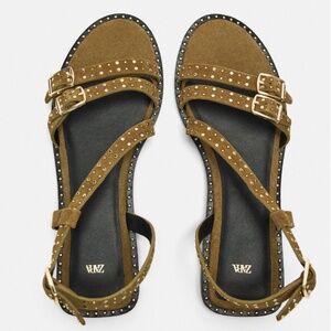Zara khaki green flat real suede leather sandals with studs NWT